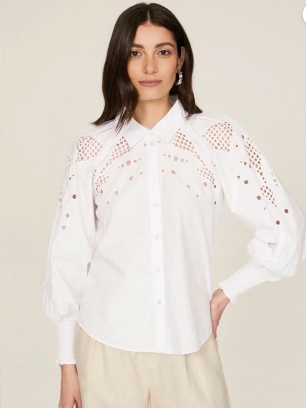 Veronica Beard White Eyelet Cutout Button-Front Blouse
